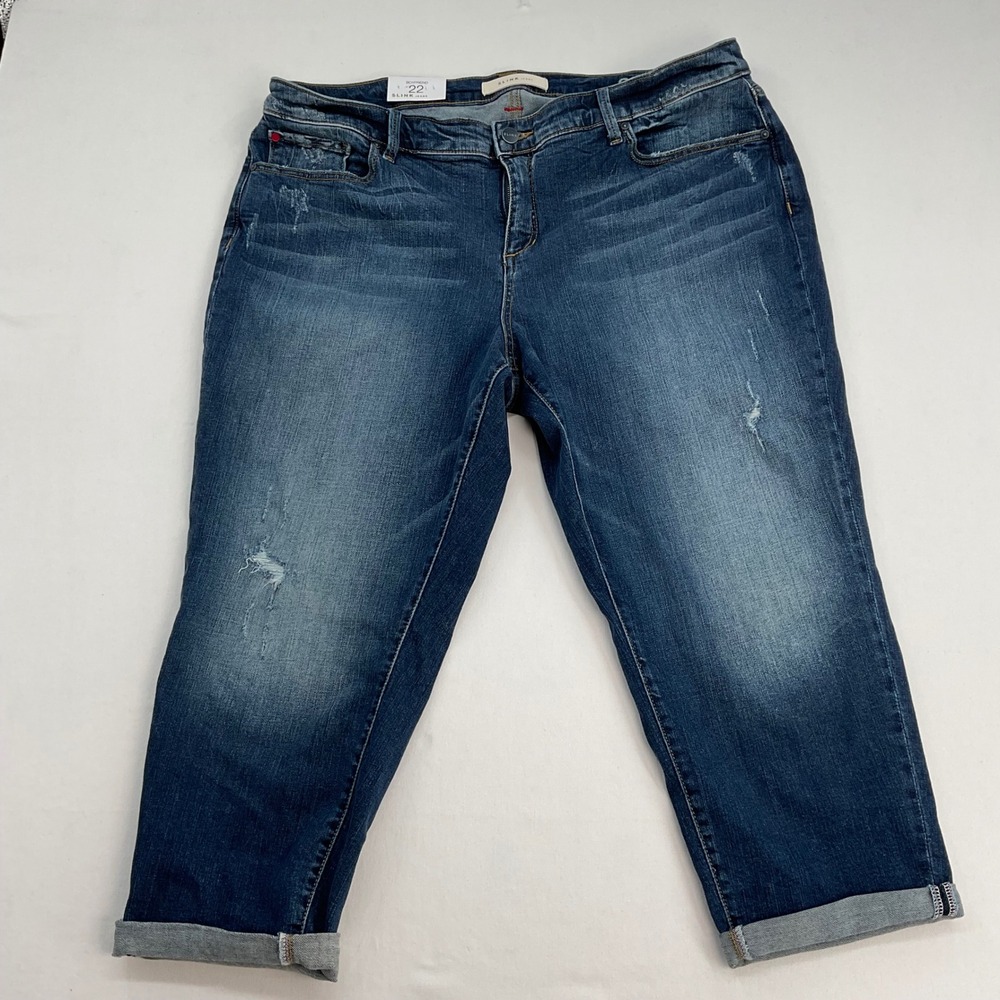 Slink Jeans Womens‎ Plus 22 Curvy Boyfriend Cropped Distressed Blue Denim Jeans